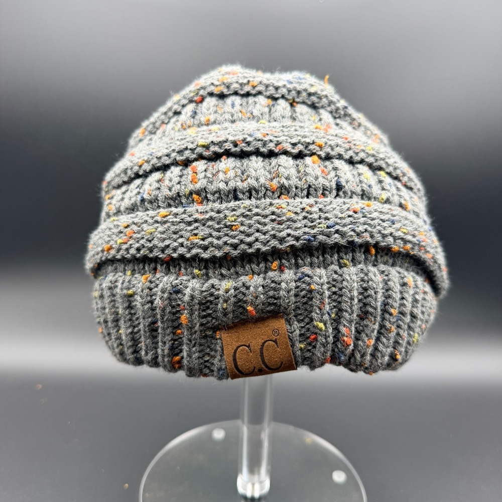 C.C. Exclusives Messy Bun Beanie Tail Hat Women Melange Gray Cable Knit Ponytail